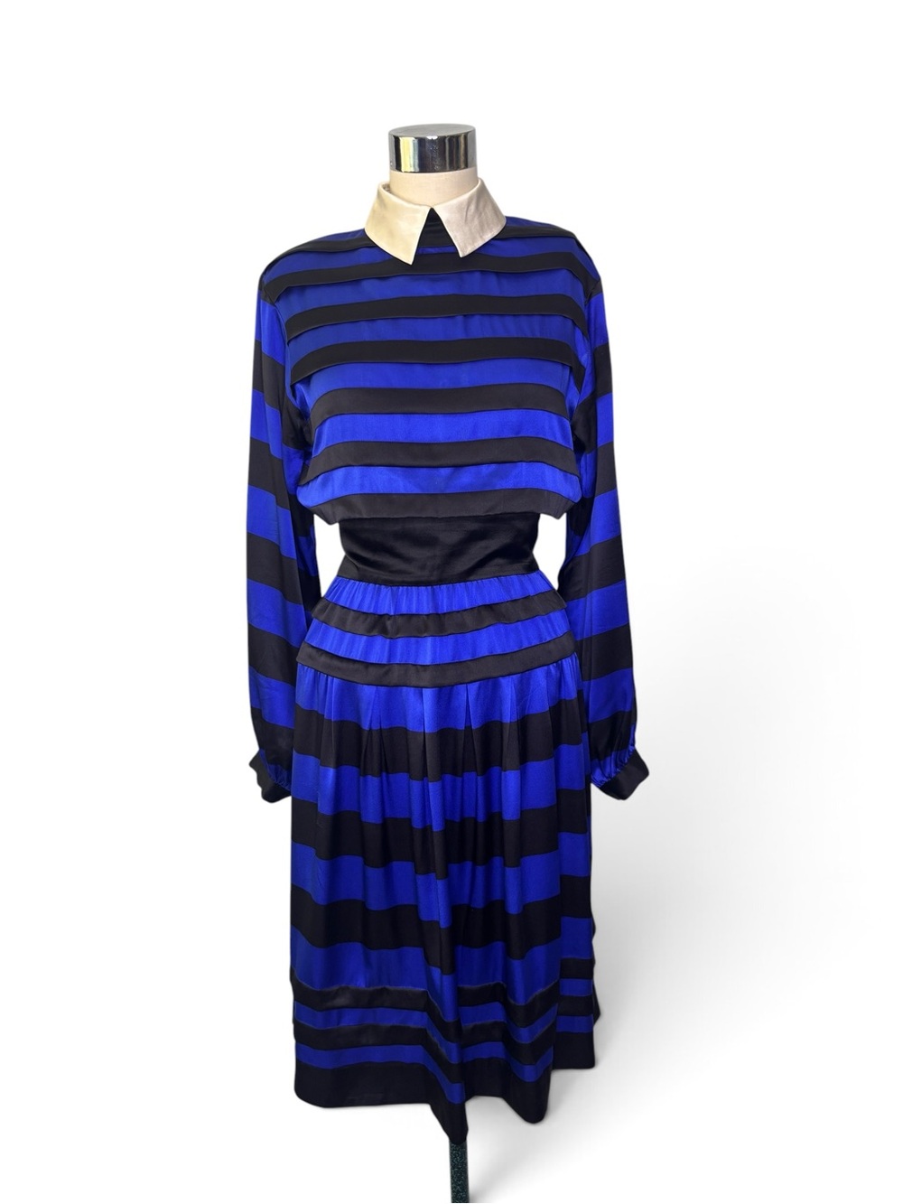 Nipon Boutique Vintage Silk Striped Blue and Black Midi dress - Picture 2 of 10